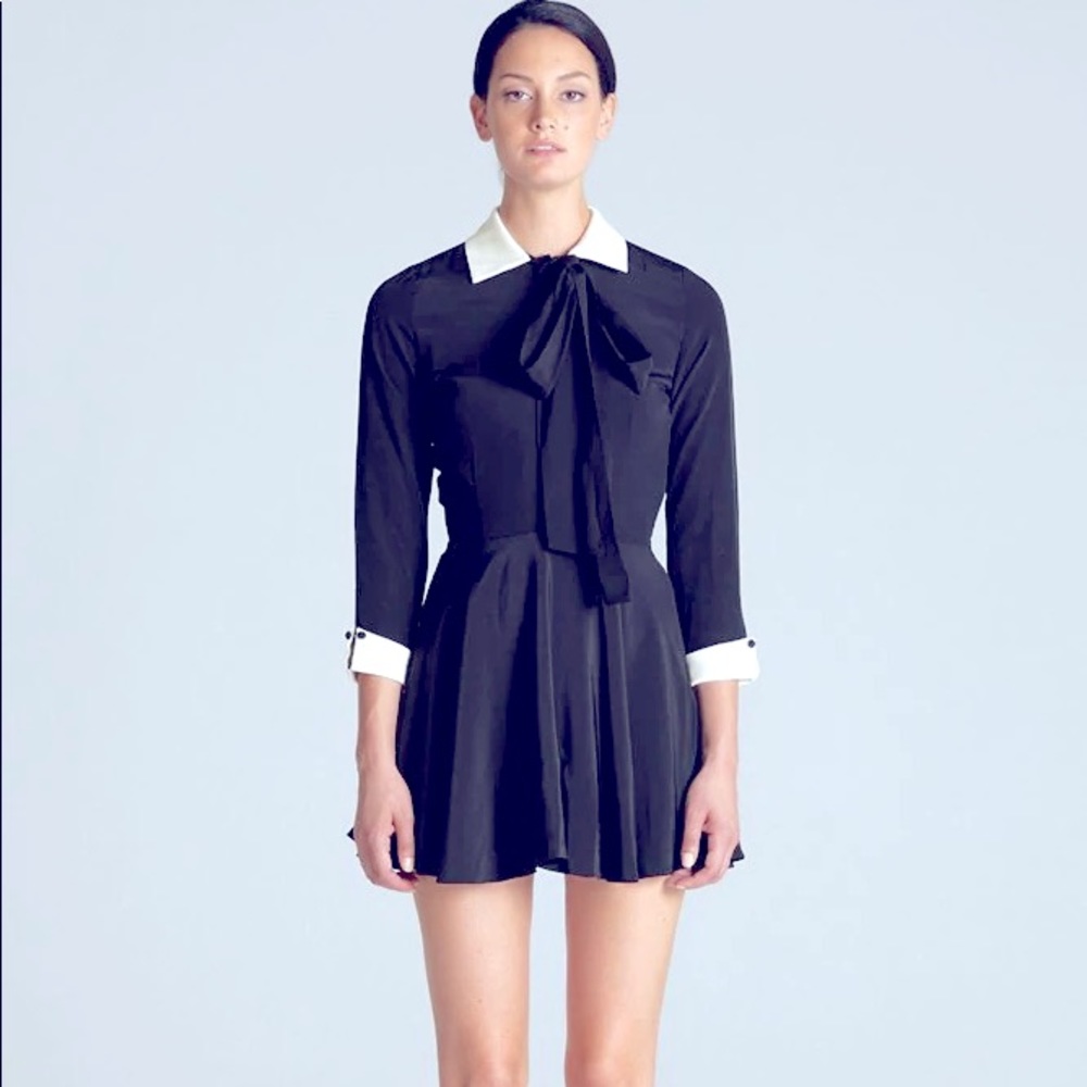 LECOLES DE FEMMES MINI DRESS NWT SECRETAIRE SILK BLACK FLARE BOW MAID BLOGGER